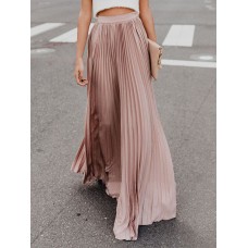 Pleated Solid Color Casual Maxi Skirt