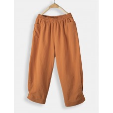 Casual Solid Color Elastic Waist Loose Pants With Pocket