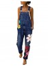 Casual Big Flower Embroidery Pockets Denim Jumpsuit