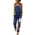 Casual Big Flower Embroidery Pockets Denim Jumpsuit