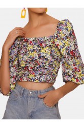 Vintage Floral Print Square Collar Puff Sleeve Crop Tops