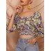 Vintage Floral Print Square Collar Puff Sleeve Crop Tops