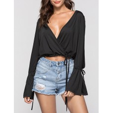 Sexy Deep V-neck Pure Color Long Sleeve Crop Tops