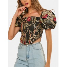 Vintage Ethnic Floral Print Square Collar Puff Sleeve Irregular Crop Top