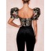 Vintage Ethnic Floral Print Square Collar Puff Sleeve Irregular Crop Top