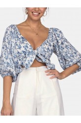 Sexy Floral Printed Long Sleeve V-neck Crop Tops