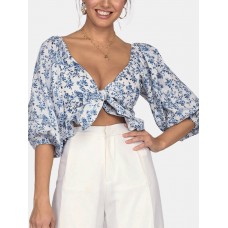 Sexy Floral Printed Long Sleeve V-neck Crop Tops