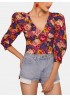 Vintage Floral Printed V-neck Bishop Half Sleeve Crop Tops