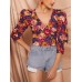 Vintage Floral Printed V-neck Bishop Half Sleeve Crop Tops