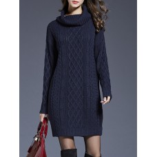 Casual Knitting Pure Color Turtleneck Long Sleeve Women Dresses