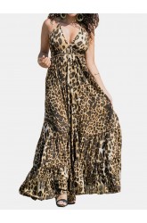 Leopard Print Halter Backless Sexy Maxi Dress For Women