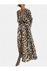 Splited Leopard Print Short Sleeve Maxi Dress For Women