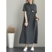 Vintage Turn-down Collar Side Pocket Drawstring Dress