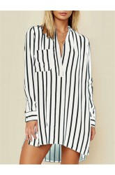 Chiffon Striped Printed Long Sleeve V-neck Shirt Dresses