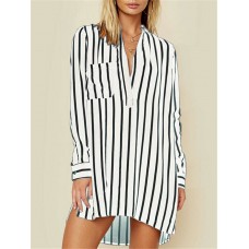 Chiffon Striped Printed Long Sleeve V-neck Shirt Dresses