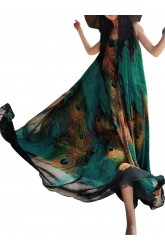 Bohemian Women Sleeveless O Neck Peacock Printed Maxi Dresses