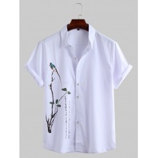 Mens Chinese Painting Print Turndown Collar Short Sleeve Casual Shirt