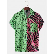 Mens Leopard Print & Zebra Stripe Patchwork African Animal Stripe Short Sleeve Shirt