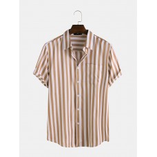 Mens Brief Style Stripe Printed Casual Breathable Short Sleeve Shirts