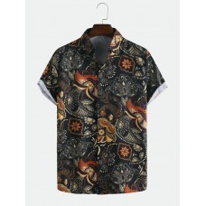 Mens Ethnic Style Flower Printed Casual Breathable Short Sleeve Shirts