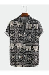 Mens Summer Elephant Printing Ethnic Style Short Sleeve Lapel Shirt