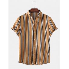 Mens Classic Striped Short Sleeve Casual Loose Turn Down Collar Shirts