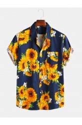Mens Sunflower Oil Painting With Chest Pocket Short Sleeve Shirts