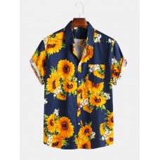 Mens Sunflower Oil Painting With Chest Pocket Short Sleeve Shirts