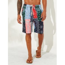 Mens Ethnic Style Printing Thin Patchwork Design Quick Dry Knee Length Casual Shorts