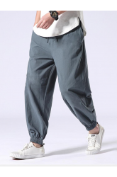 Mens Casual Solid Loose Elastic Waist Harlan Pants Retro Cotton Pants