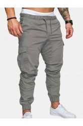 Mens Solid Elastic Waist Casual Multi-pocket Cargo Pants