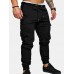 Mens Solid Elastic Waist Casual Multi-pocket Cargo Pants