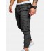 Mens Solid Elastic Waist Casual Multi-pocket Cargo Pants