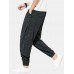 Mens Cotton Linen Side Panel Buckle Plain Stripe Drawstring Harem Pants