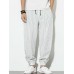 Mens Cotton Linen Side Panel Buckle Plain Stripe Drawstring Harem Pants