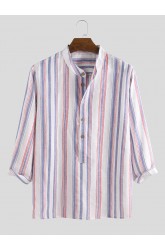 Mens 100% Cotton Stripe Three-quarter Sleeve Henley Shirts