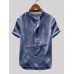 Mens Cotton Linen Vintage Solid Stand Collar Casual Henley Shirt