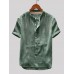 Mens Cotton Linen Vintage Solid Stand Collar Casual Henley Shirt