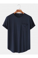 Men Cotton Plain Chest Pocket Home Casual Loose Short Sleeve T-Shirt