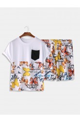 Men Cotton Butterfly Print Chest Pocket Home Casual Loose T-Shirt