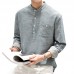Mens Casual Loose Fit T-Shirts Cotton Linen Long Sleeve Vertical Striped Printing Stand Collar Tops