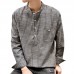 Mens Casual Loose Fit T-Shirts Cotton Linen Long Sleeve Vertical Striped Printing Stand Collar Tops