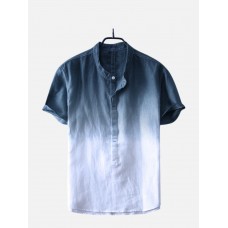 Mens Gradient Color Summer Short Sleeve Cotton Henry Collar Casual T shirt