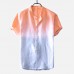 Mens Gradient Color Summer Short Sleeve Cotton Henry Collar Casual T shirt